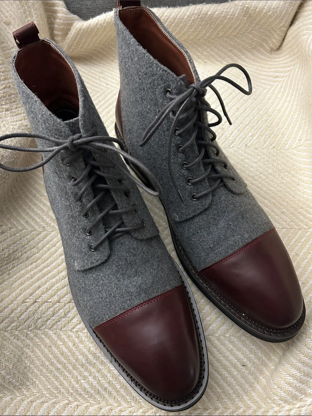 Vintage Foundry Remington Grey Wool & Burgundy Leather Cap-Toe Lace-Up Boots